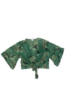 Green Leaf Print Tie-Front Shrug